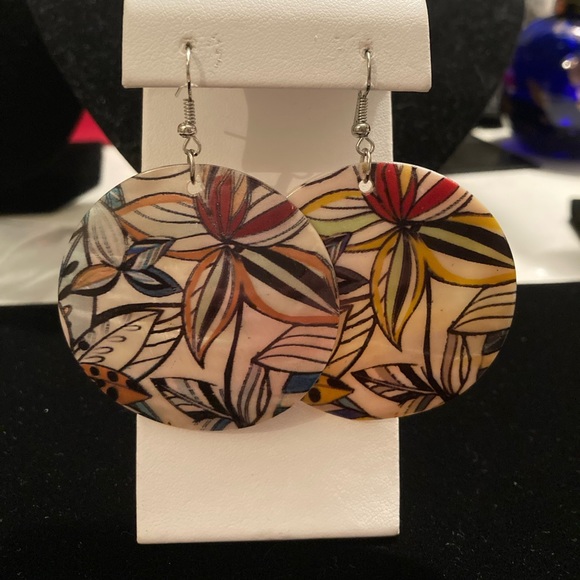 Large round shell painted hook earrings